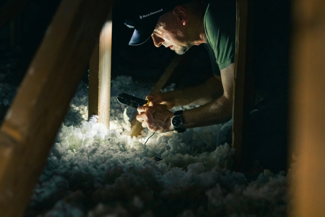 A labourer fitting loft insulation in the dark 
